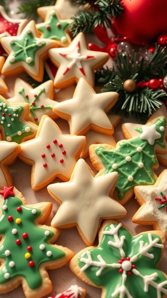 Christmas Sugar Cookie Recipe Decorated Christmas sugar cookies in festive shapes with icing and sprinkles.